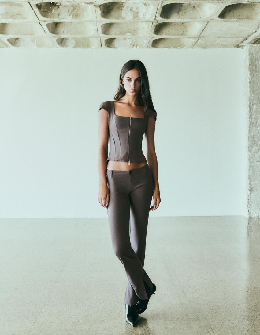Short sleeve zip-up top-Brown