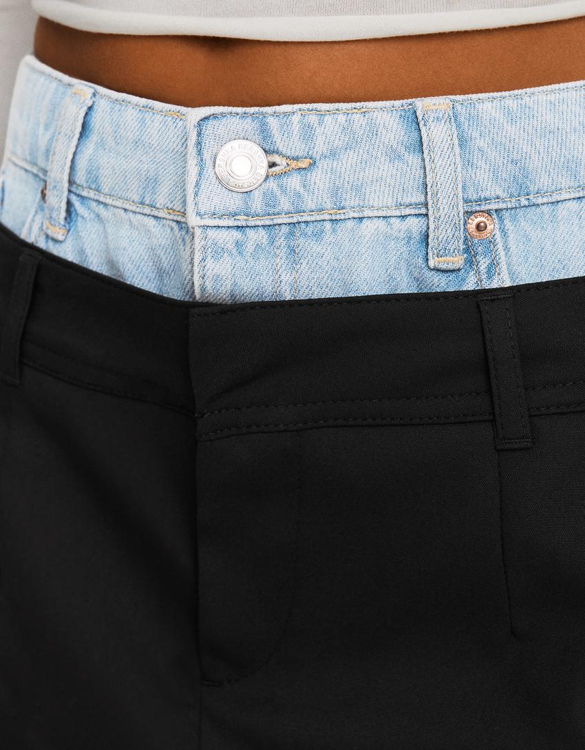 تنورة رسمية متوسطة الطول بخصر دنيم متباين-أسود-5