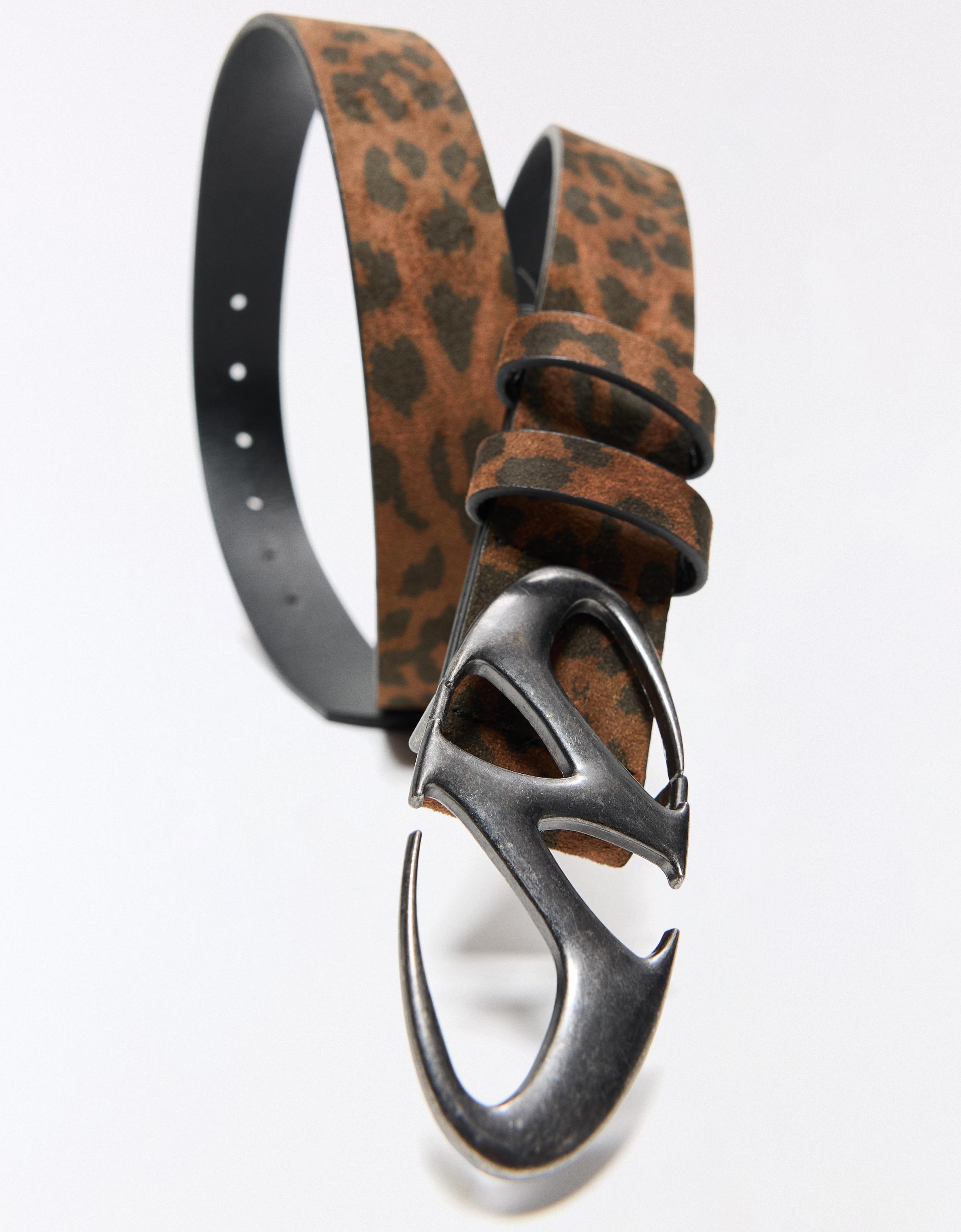 Animal print buckle belt — Brown