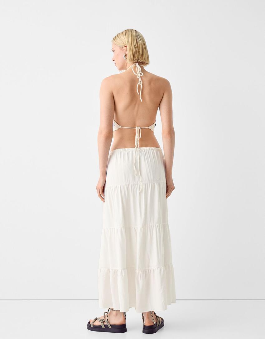 Midi skirt with elastic waist-White-2