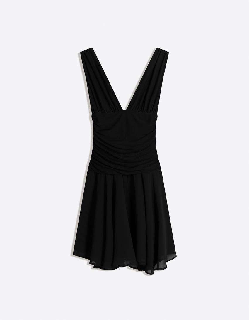 Vestito mini in chiffon con balze-Nero