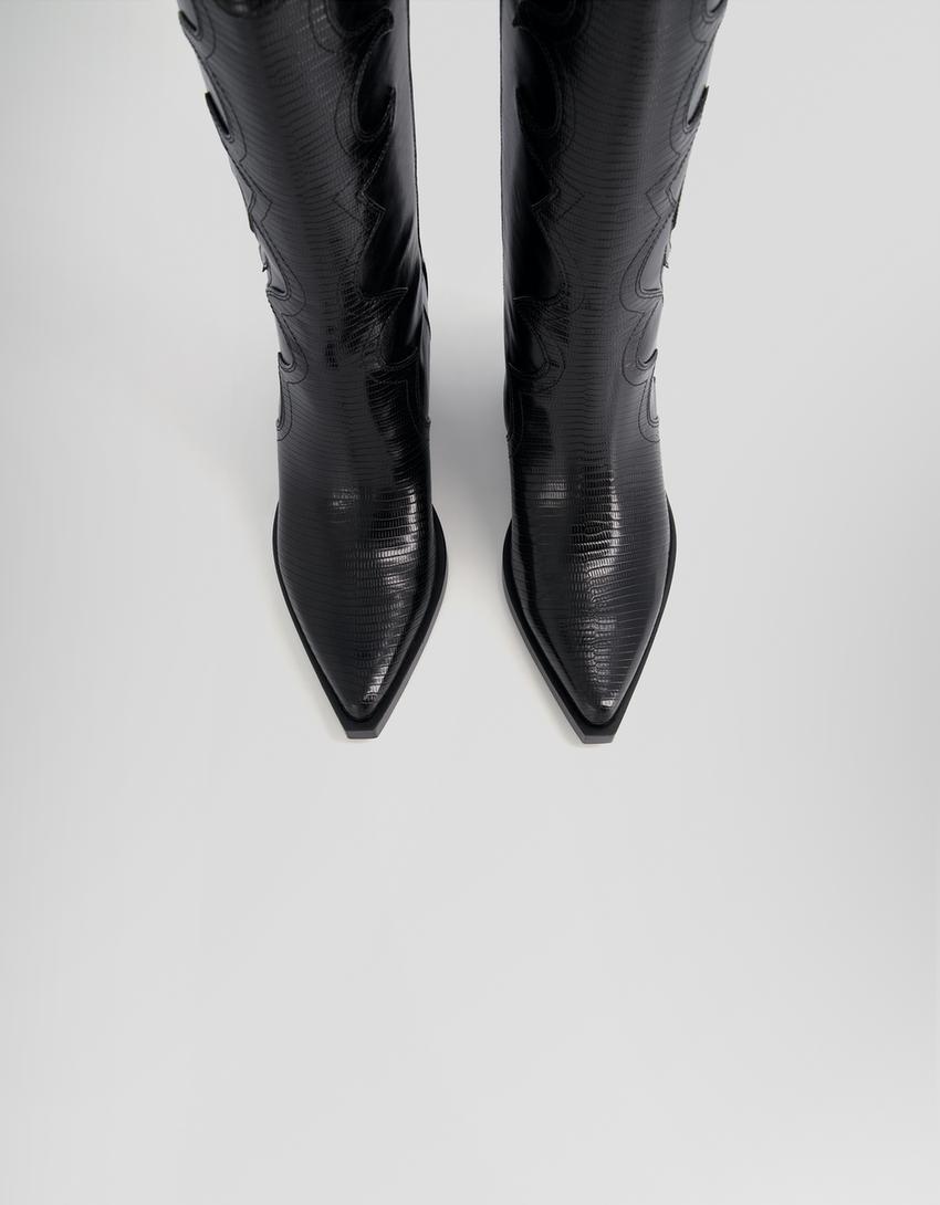 بوت برقبة للكاحل كاوبوي بكعب عال وتطريز متباين-أسود-4