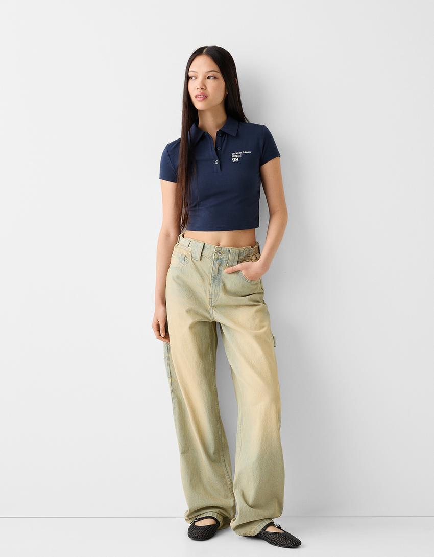 Printed short sleeve T-shirt with a polo collar-Navy