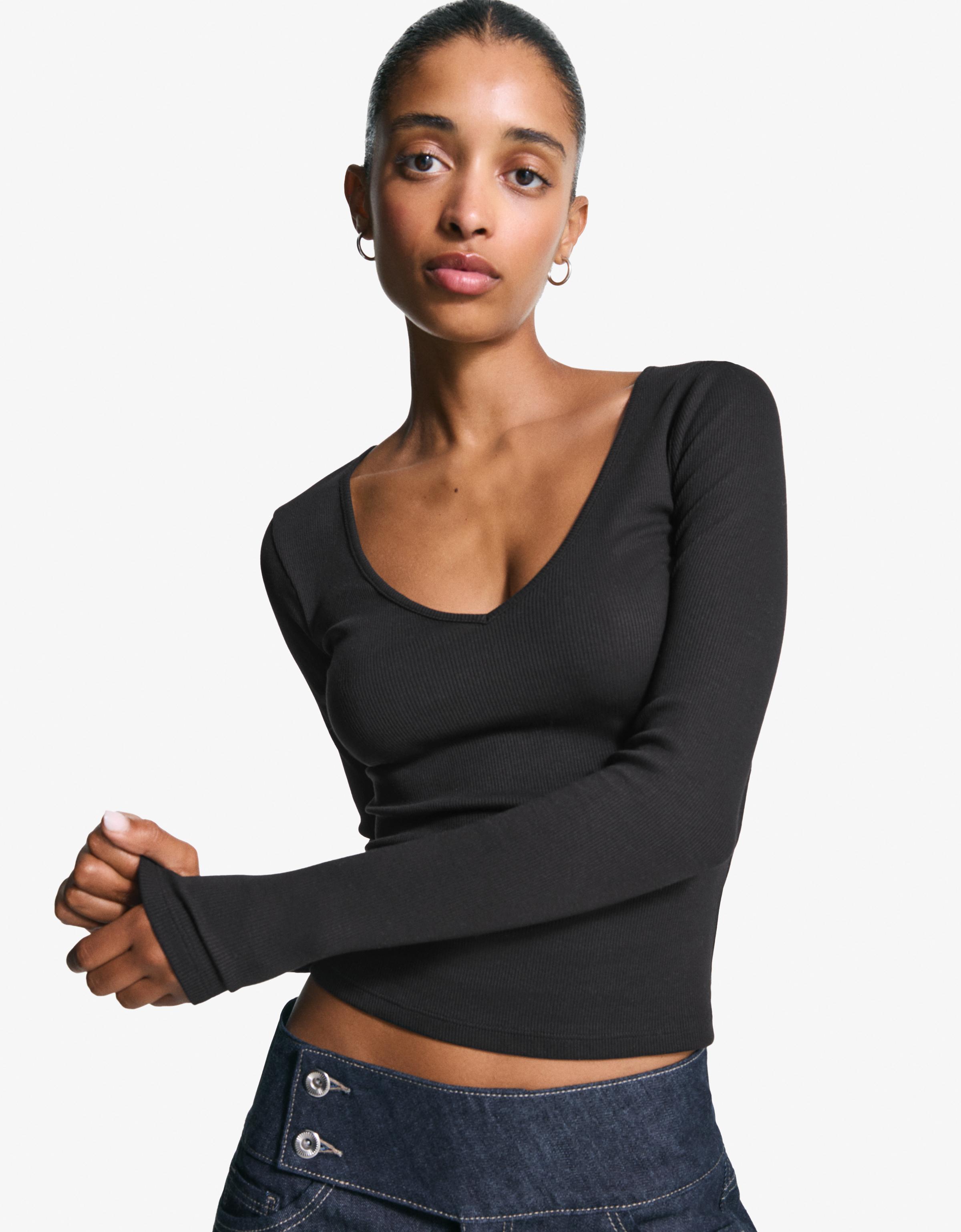 Bershka Langärmeliges Shirt Mit V-Ausschnitt Damen Xs Schwarz