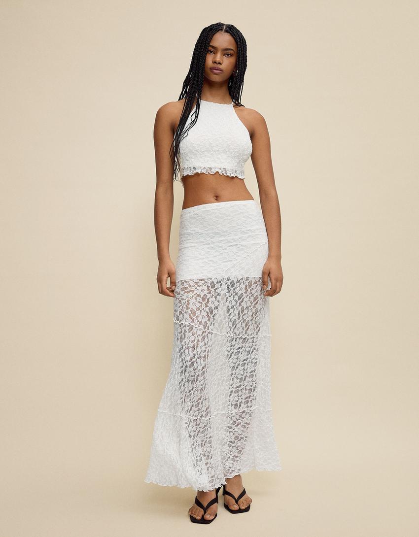 Blonde lace top and skirt set-Off white-0