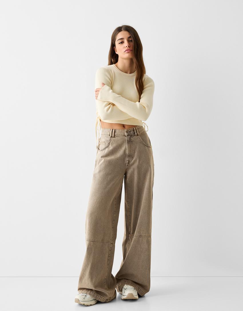 Wide-leg skater-fit twill trousers-Brown