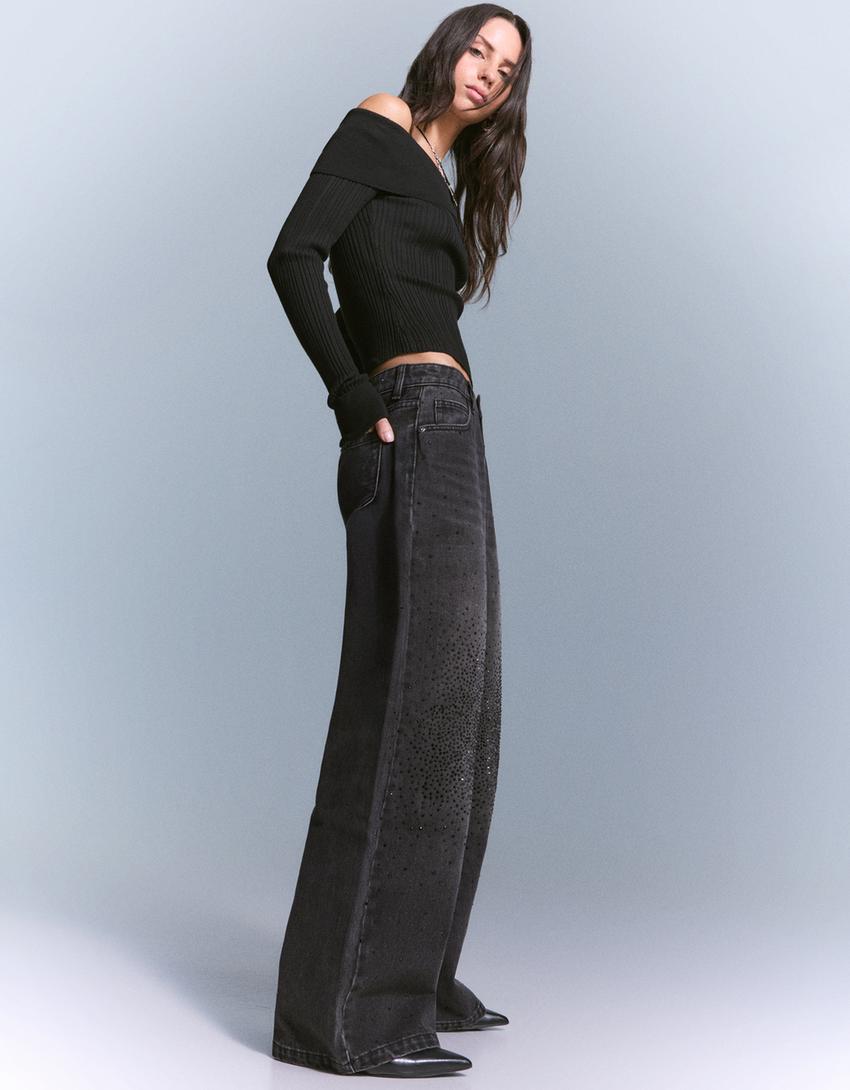Straight jeans with rhinestone details-Black-1