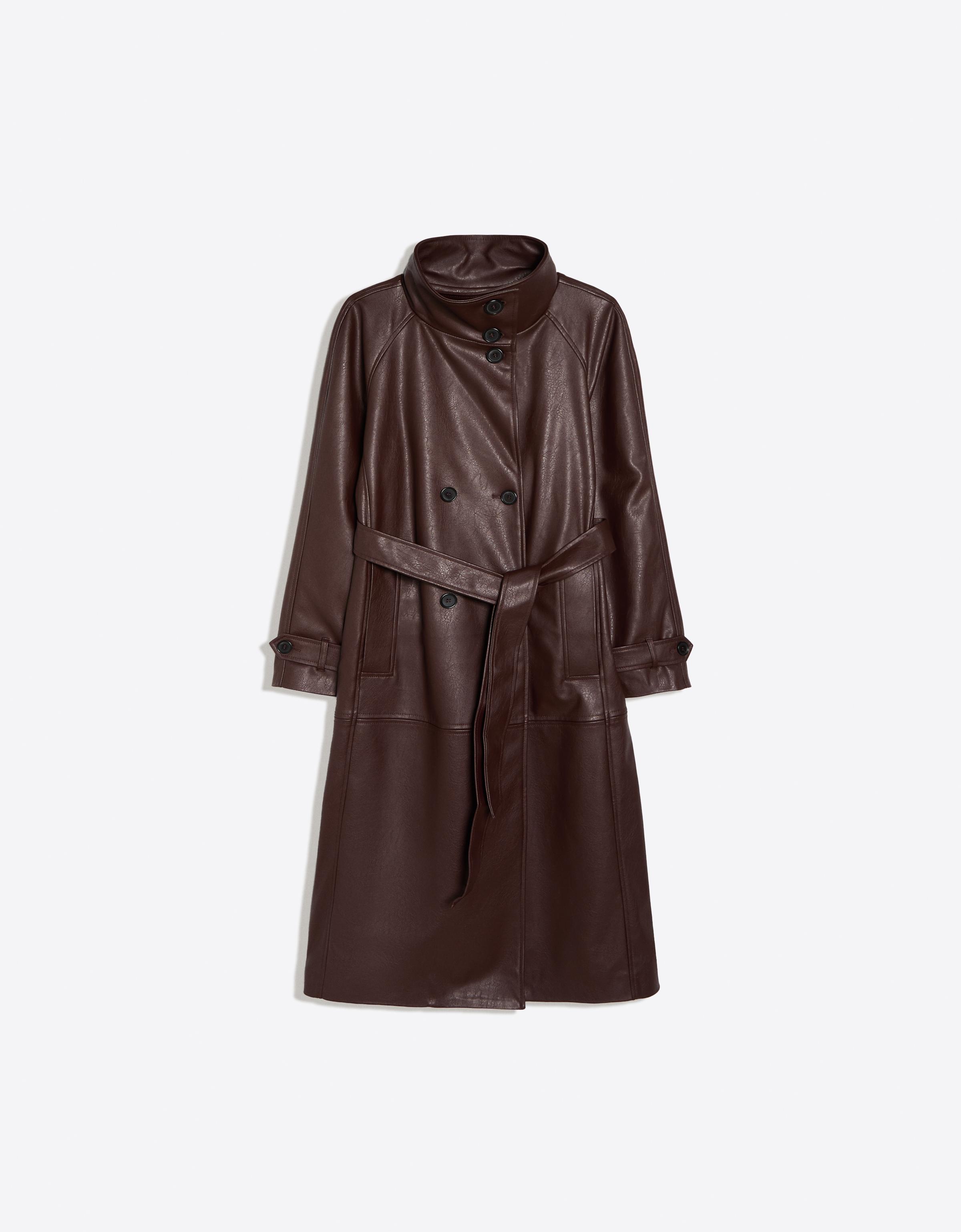 Long leather effect belt trench coat with funnel neck — Burgundy