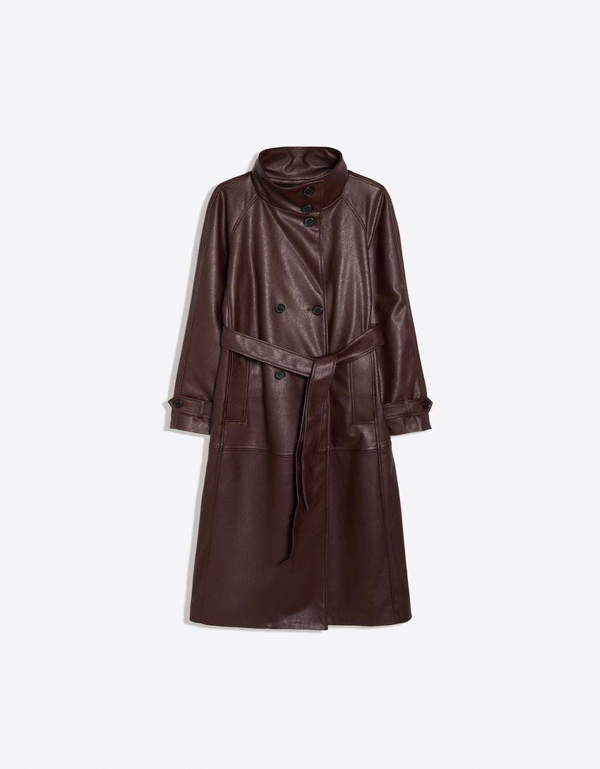 Trench largo cinturón efecto piel cuello funnel-Burdeos