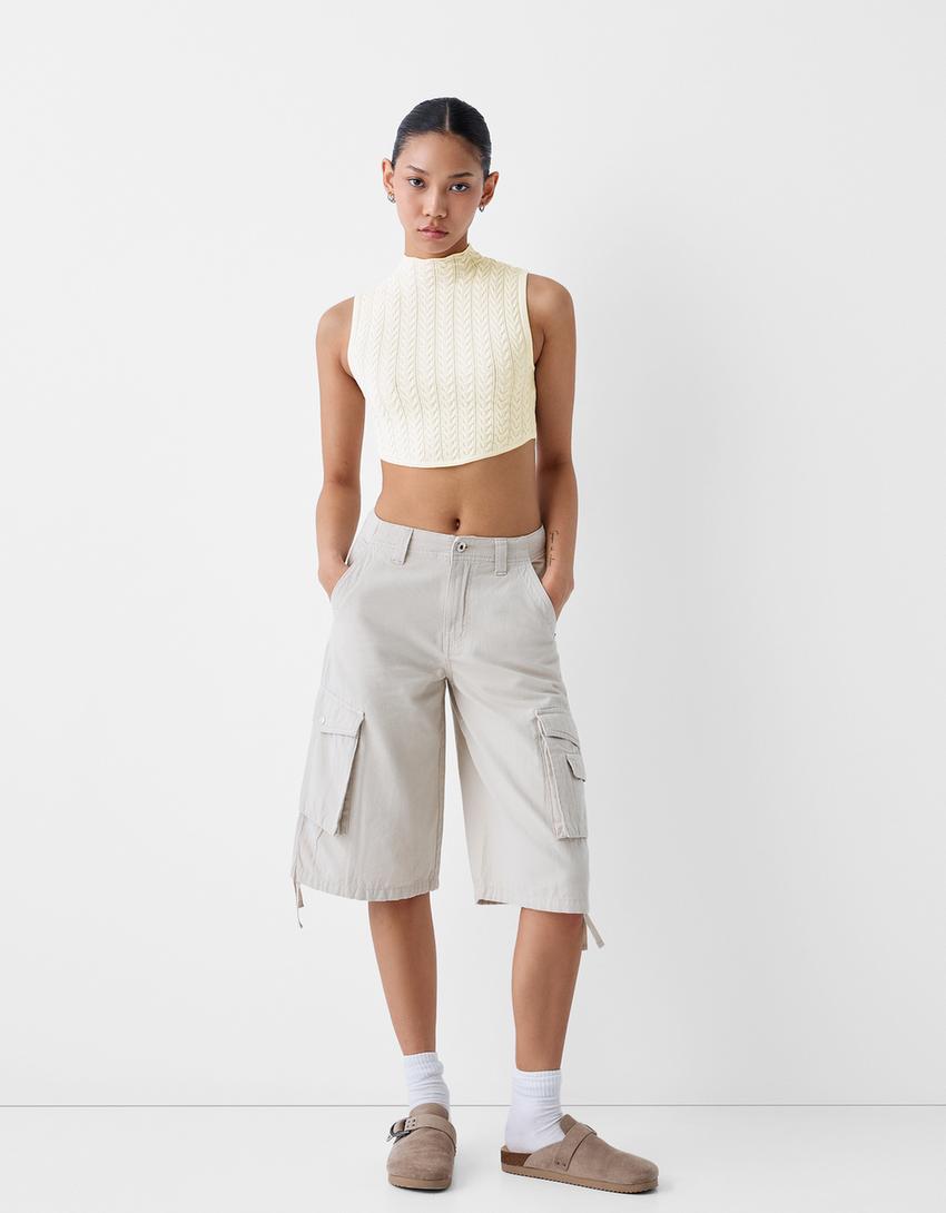 Sleeveless cable-knit top with high neck-Cream-3