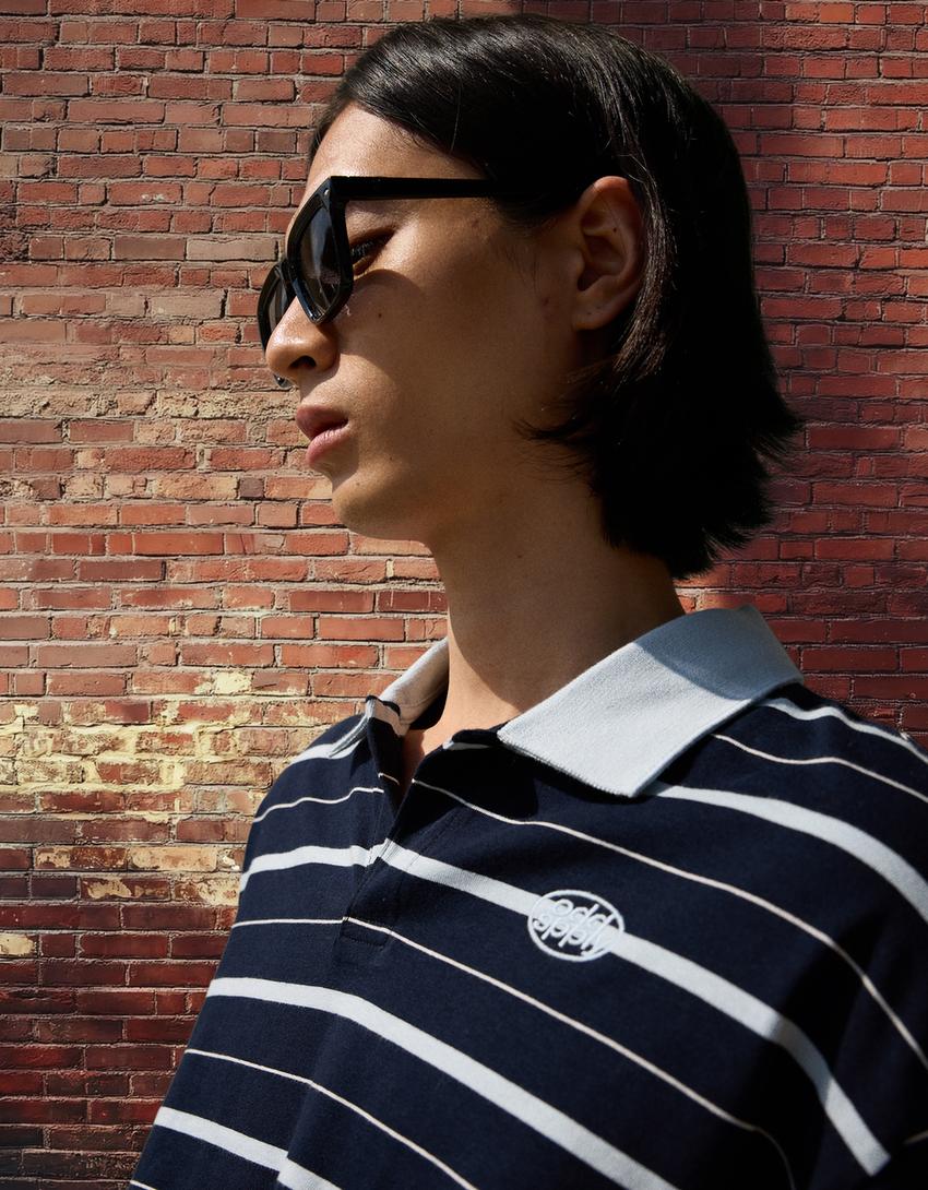 Embroidered stripe short sleeve polo shirt-Blue