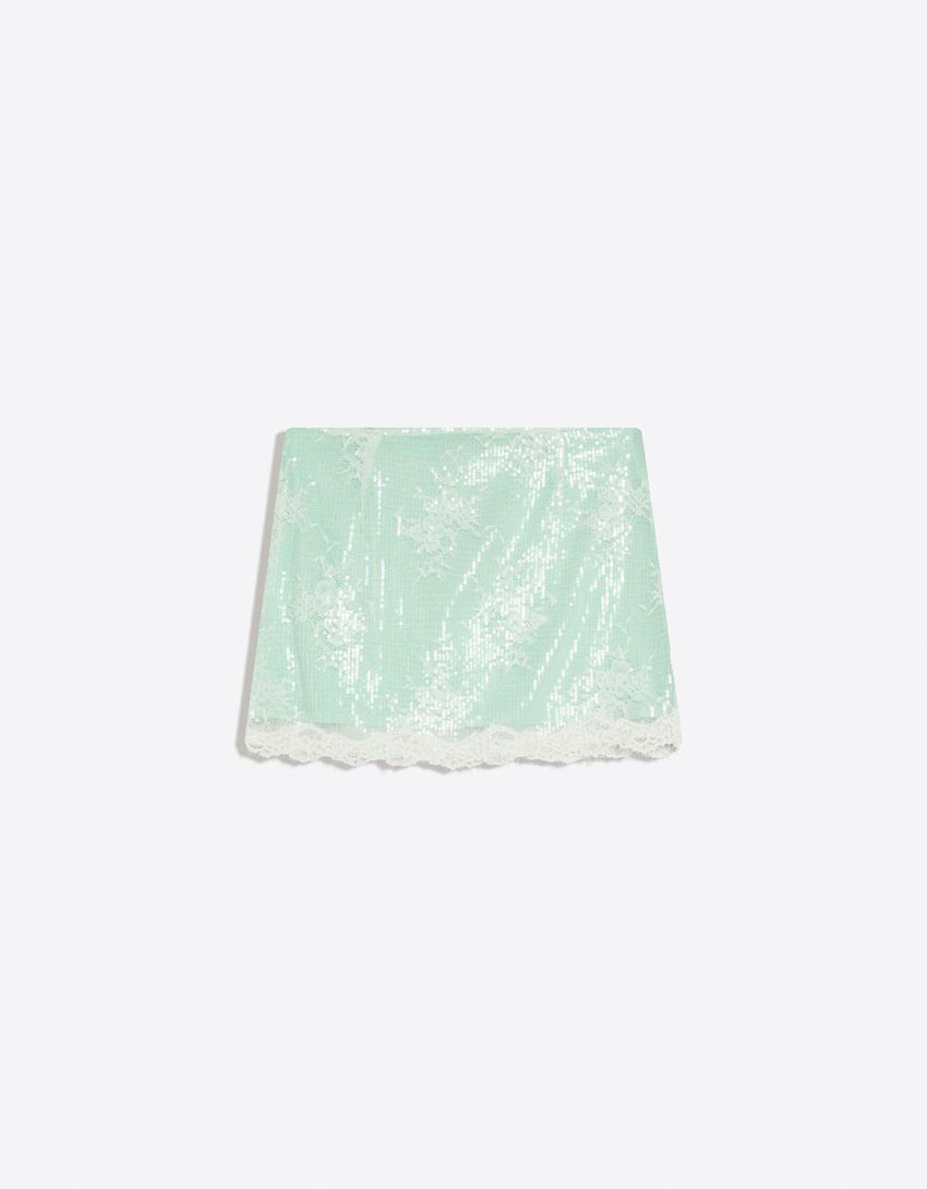 Sequin lace mini skirt-Green