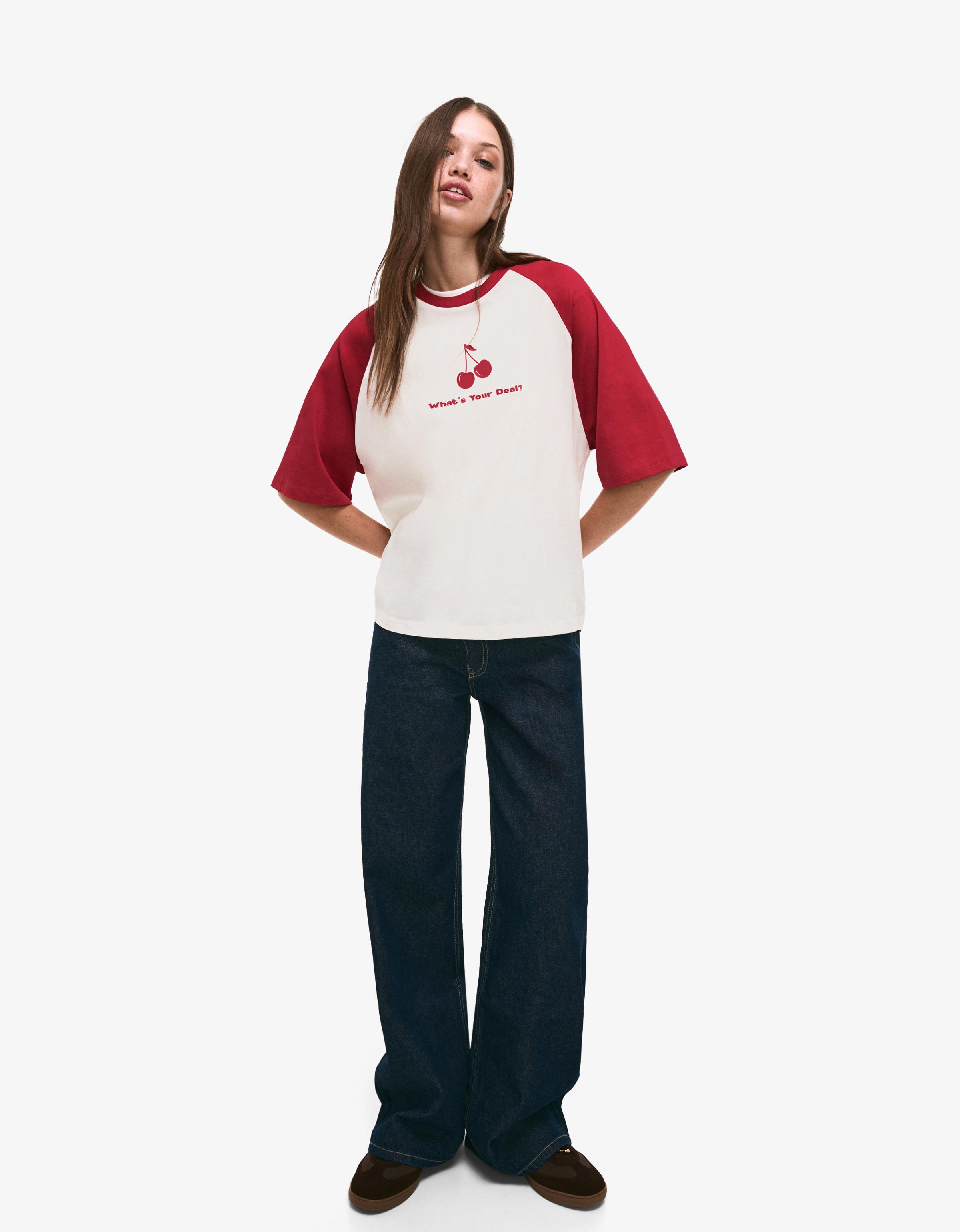 Bershka T-Shirt Mit Kurzen Ärmeln Und Print Damen L Rot