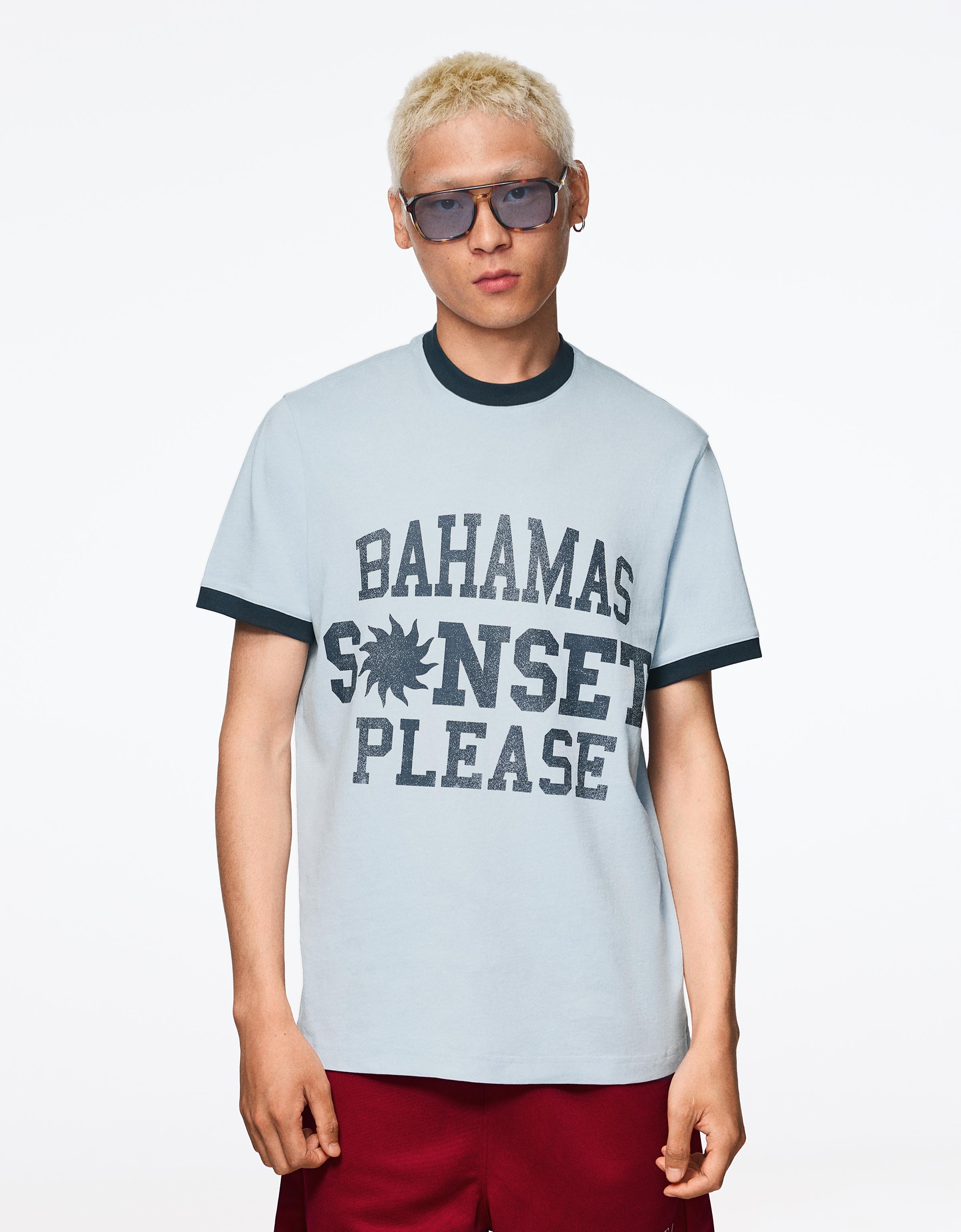 Bershka Camiseta Manga Corta Print Hombre Azul