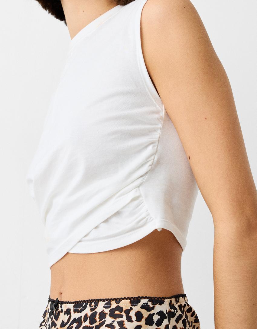 Sleeveless T-shirt with crossover front-White-5