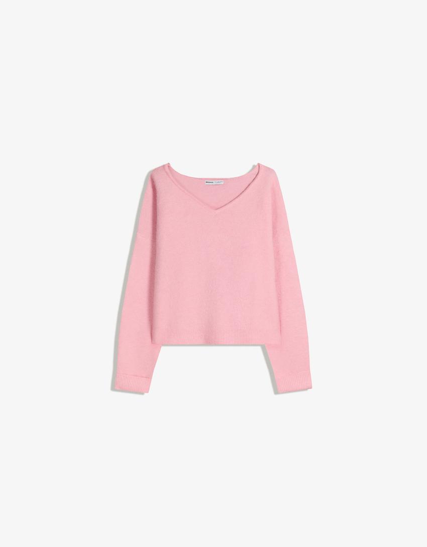 Soft touch V-neck sweater-Pink