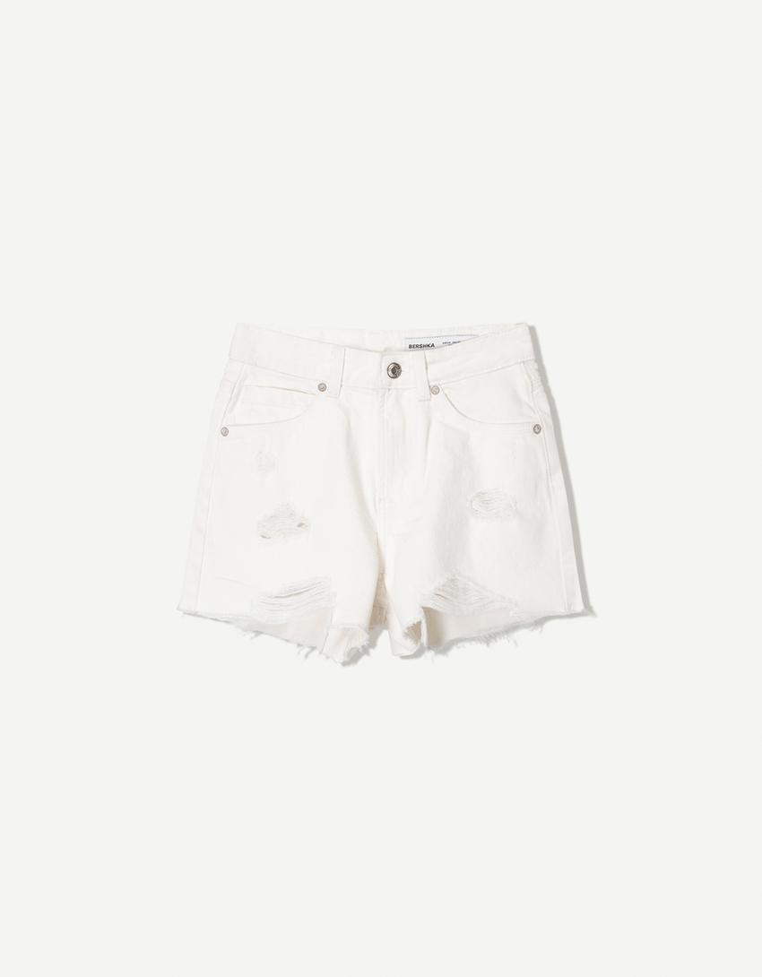 Ripped denim shorts-White