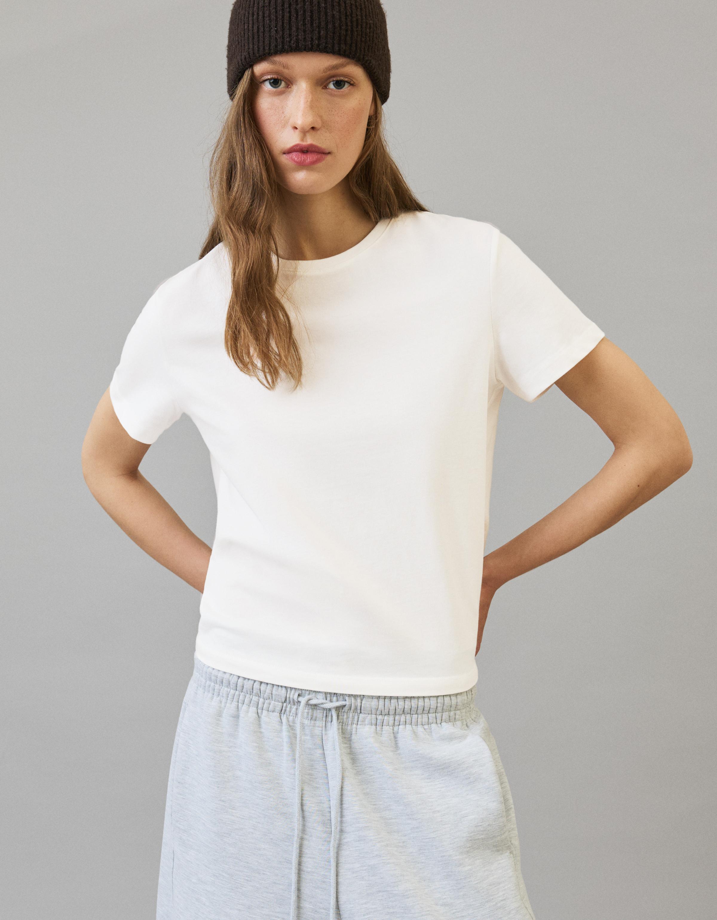Bershka Basic-T-Shirt Mit Kurzen Ärmeln Damen Xxs Grbrochenes Weiss