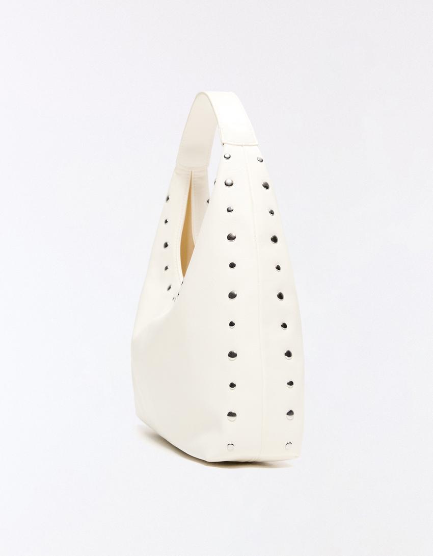 Studded leather effect bucket bag-Cream