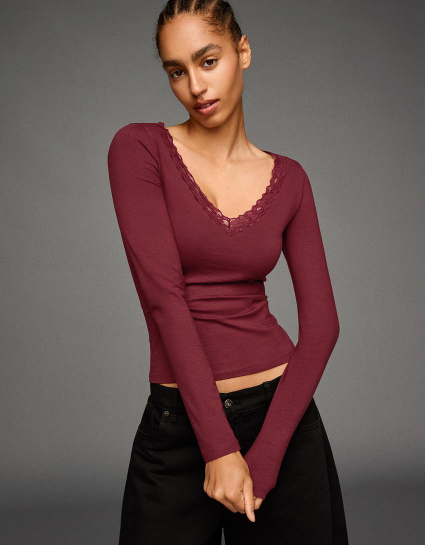 Long sleeve lace T-shirt-Burgundy