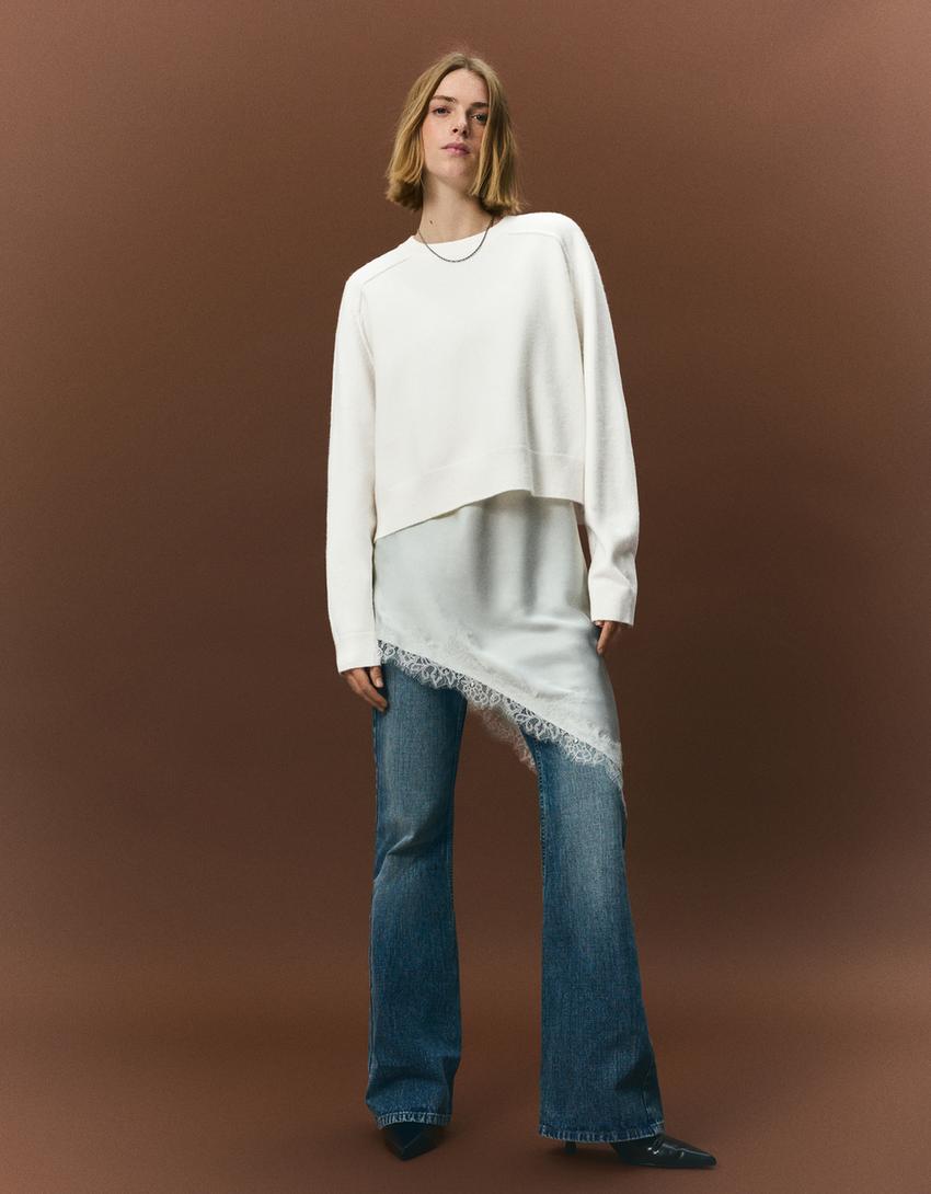 Dikişli triko kazak-Krem