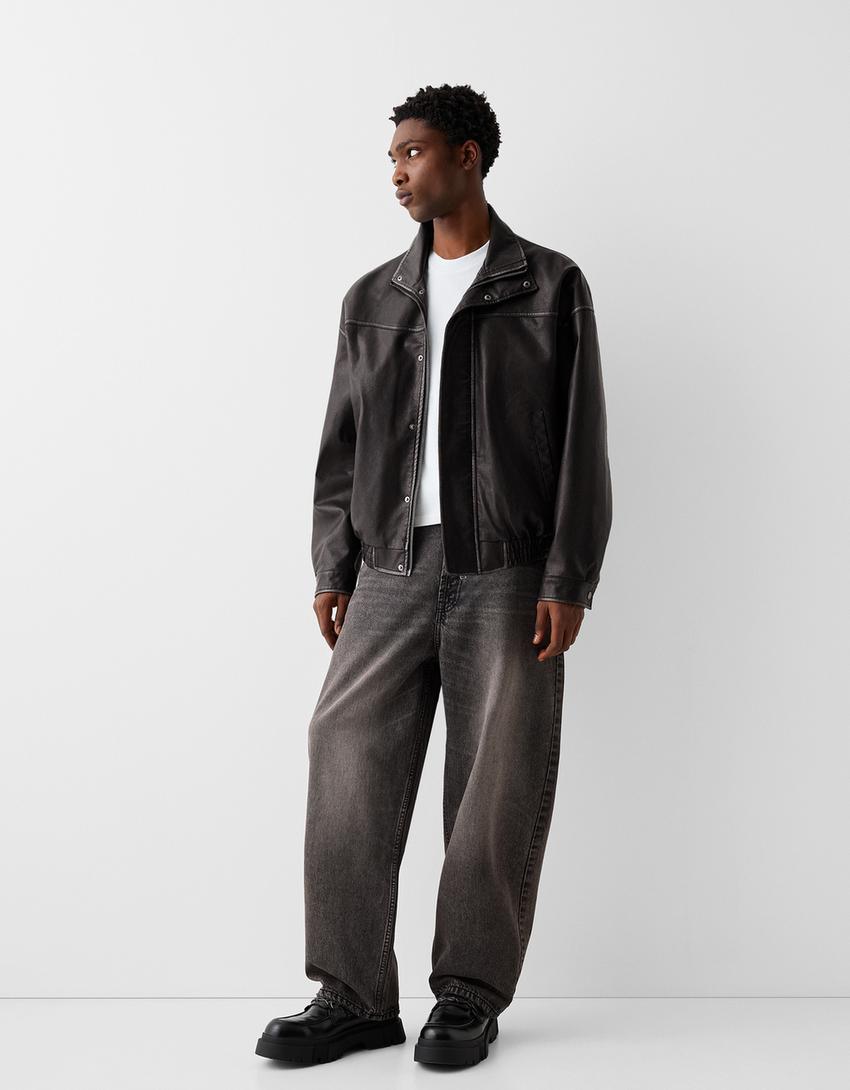 Blouson oversize similicuir effet usé-Noir-3