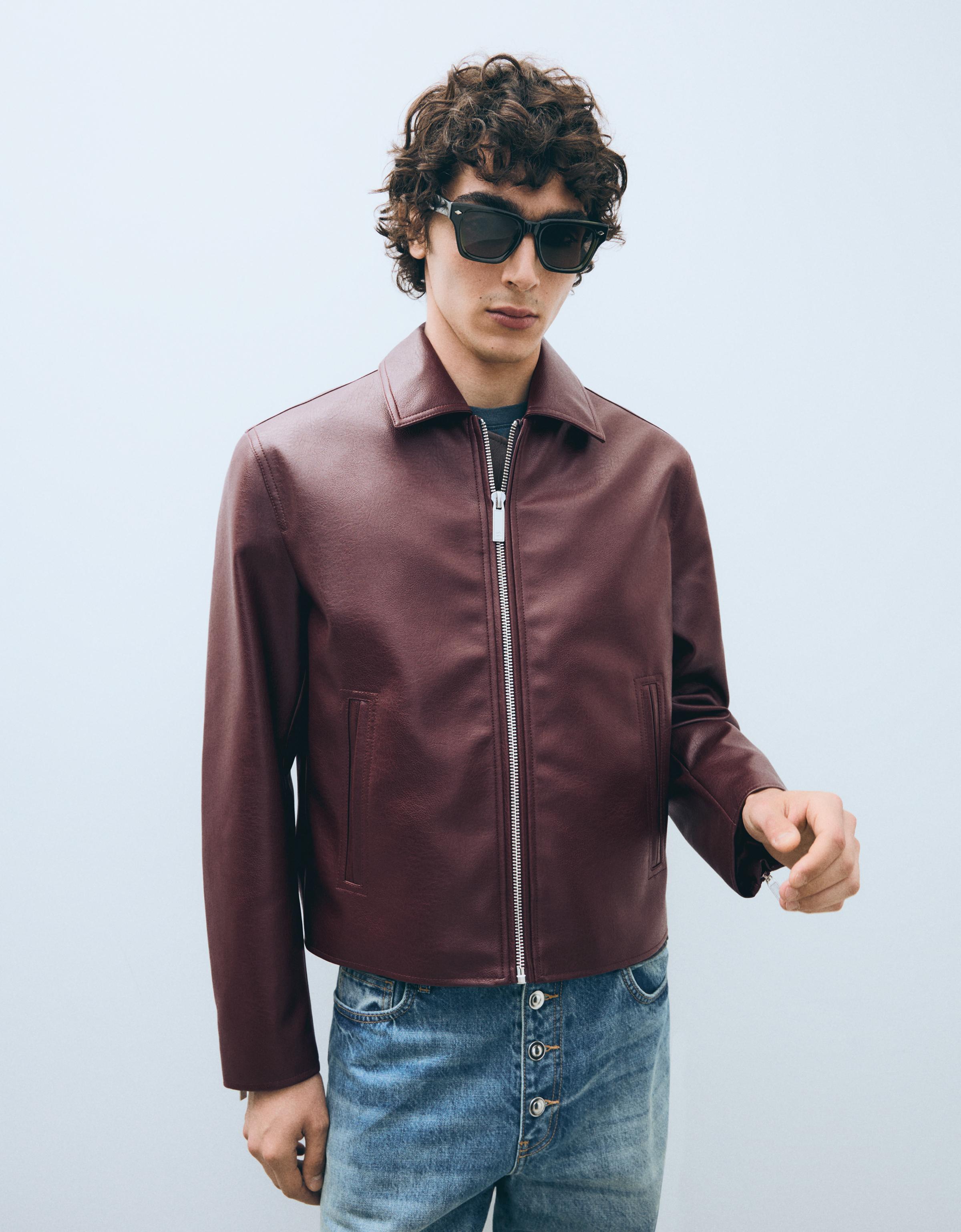 Bershka Cazadora Boxy Efecto Piel Hombre L Burdeos