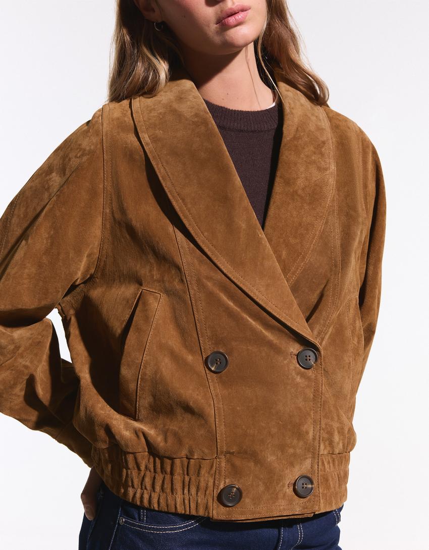 Çapraz süet deri ceket-Kahverengi