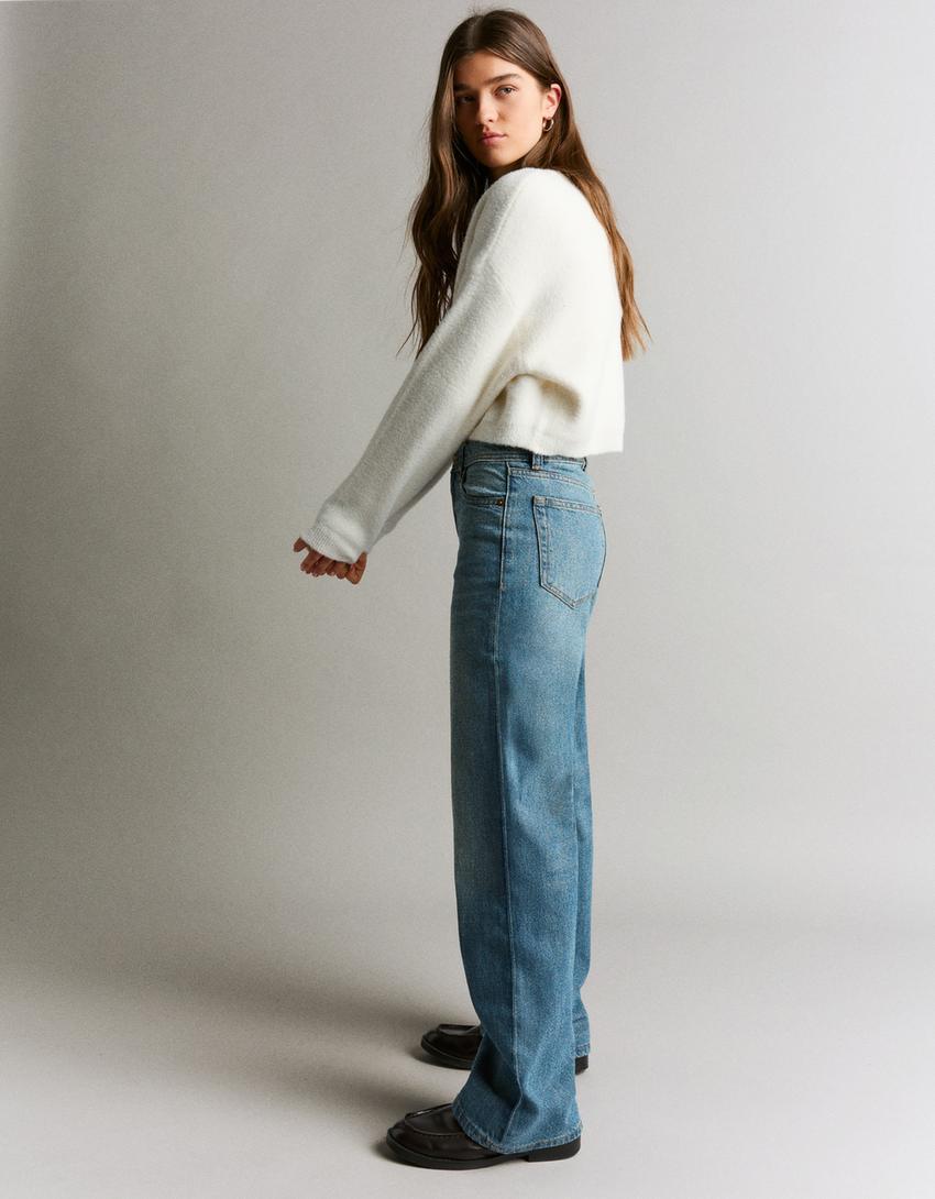 Jeans baggy taille moyenne-Bleu lavé