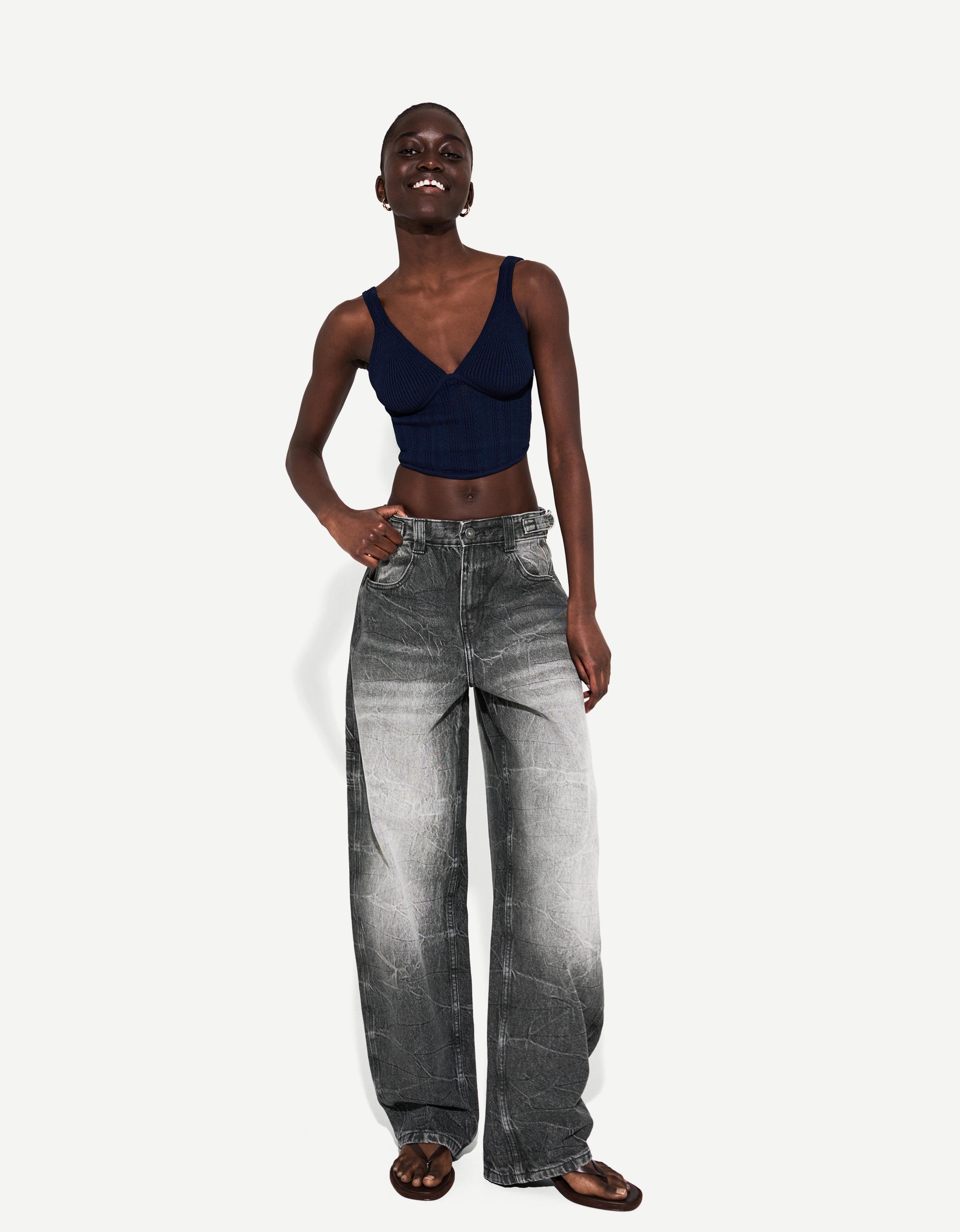 Bershka Jeans Balloon Carpenter Ajustable Mujer Negro