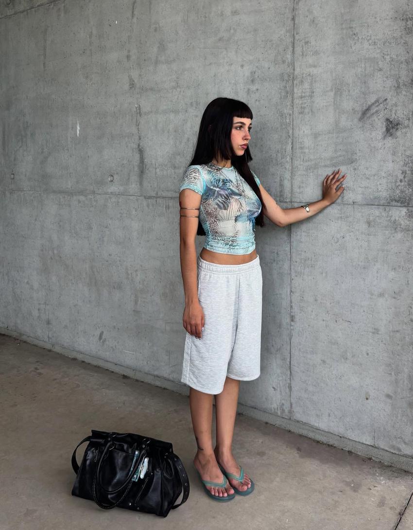 Plush Bermuda shorts with embroidery-Grey