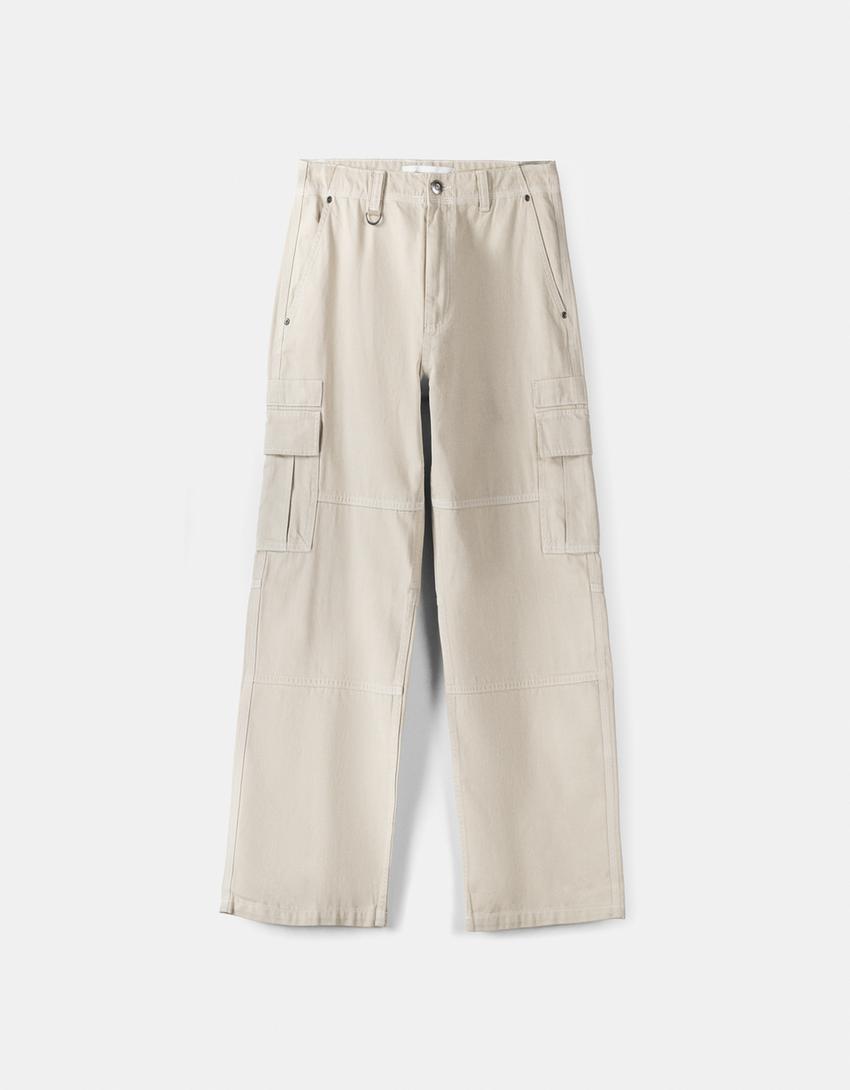 Cotton cargo trousers with contrast seams-Sand-4