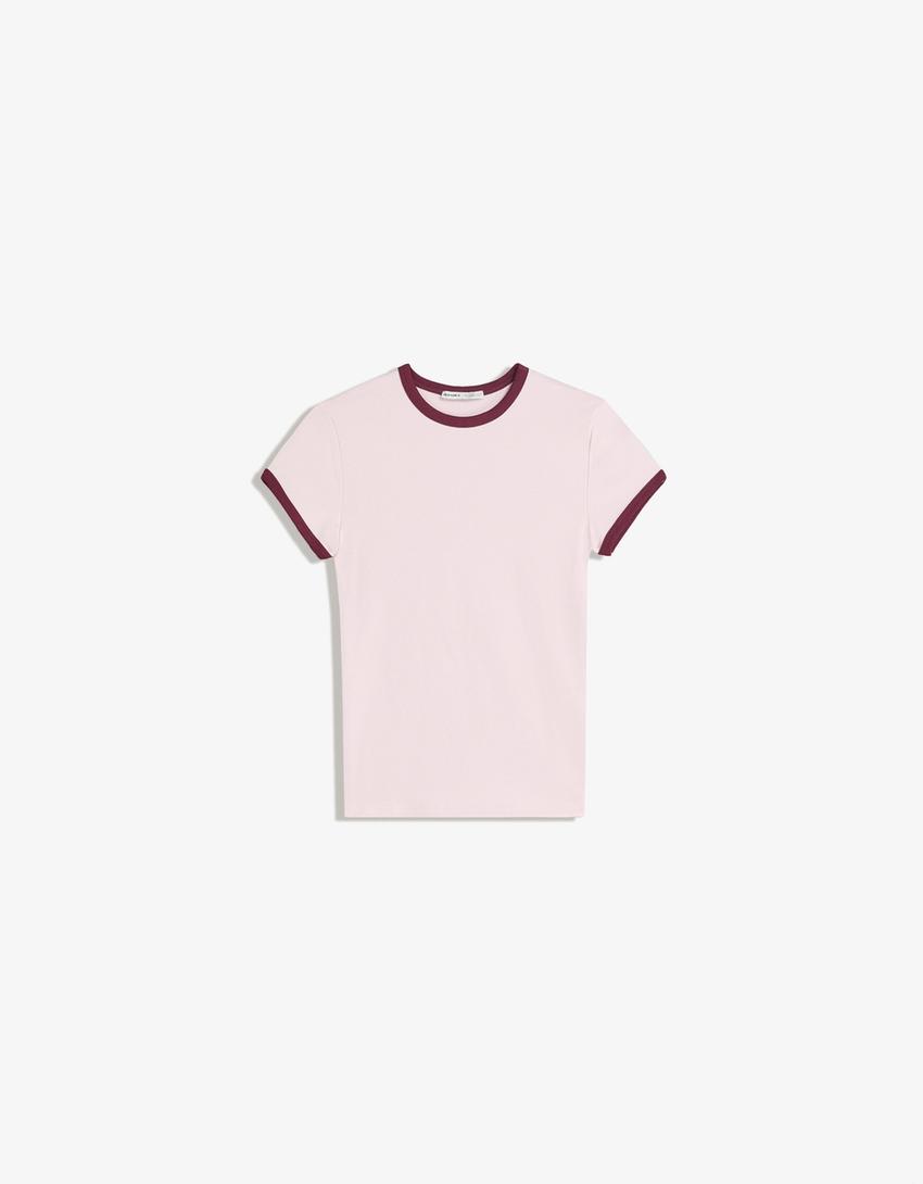 Kontrast detaylı kısa kollu tişört-Pembe-4