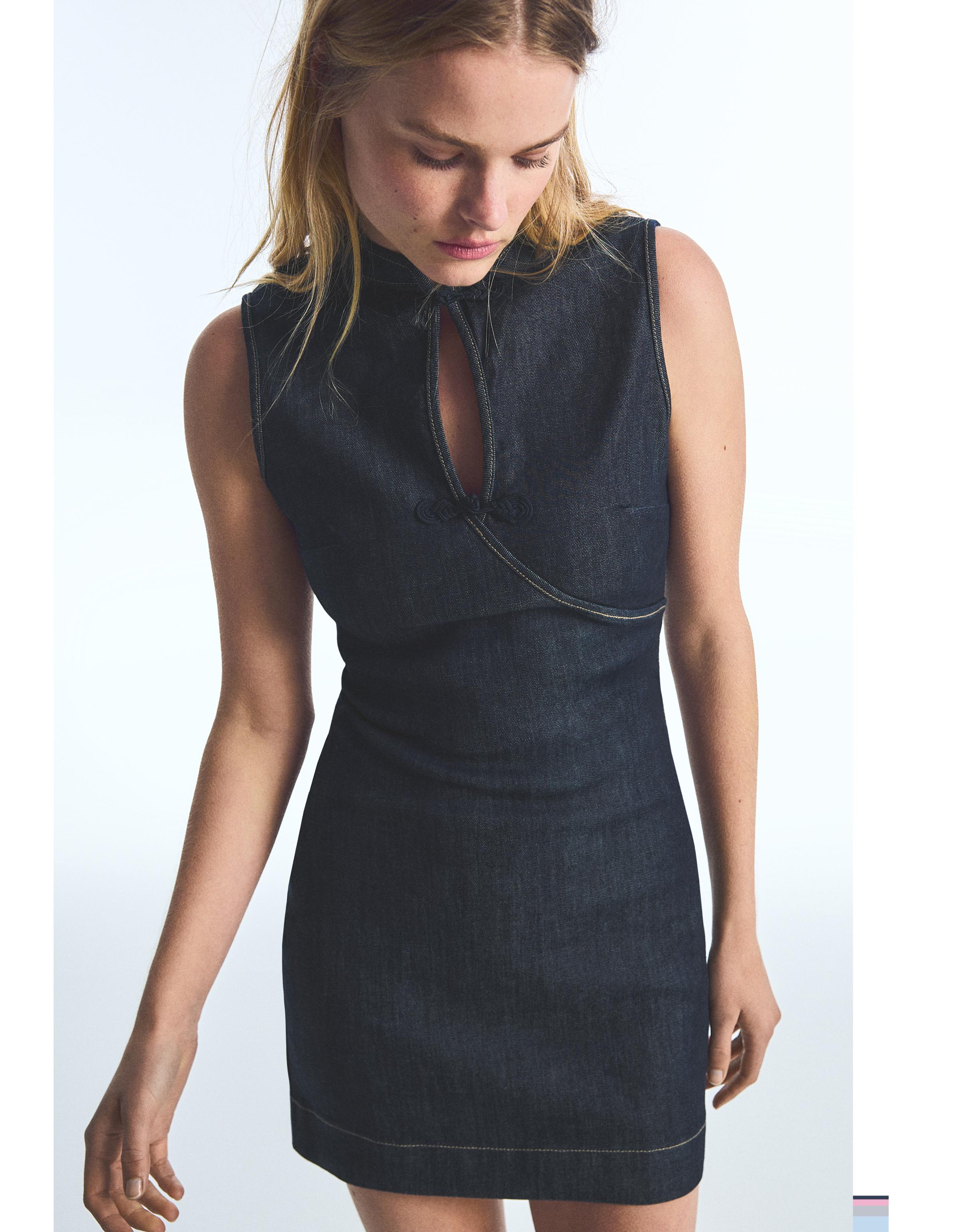 Mini denim dress with clasps — Navy