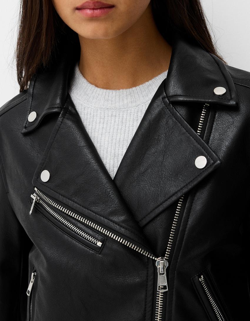 Leather Chamarra De Piel Bershka Mujer Chamarra Biker Chamarras