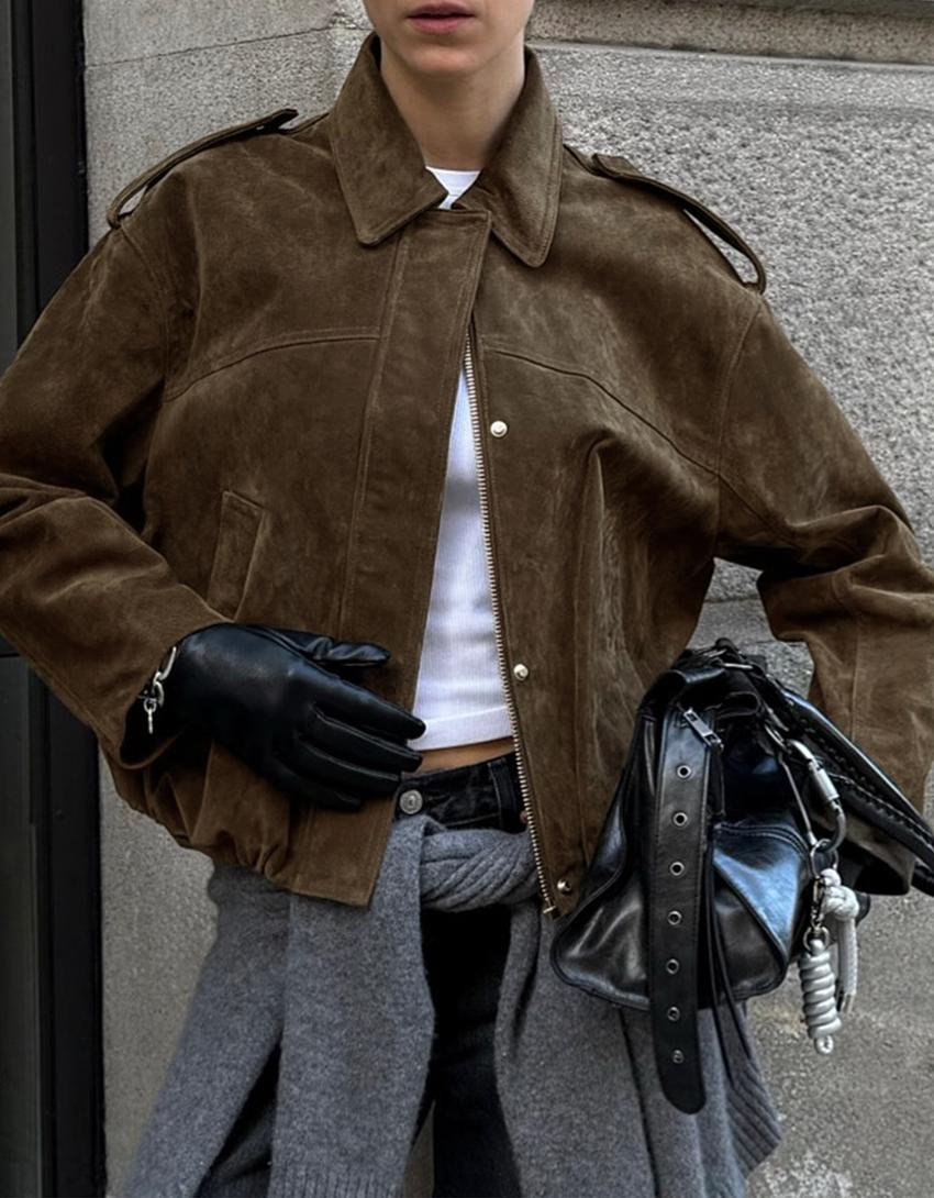 Leather and suede jacket-Khaki