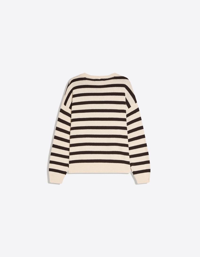 Crew neck striped sweater-Cream