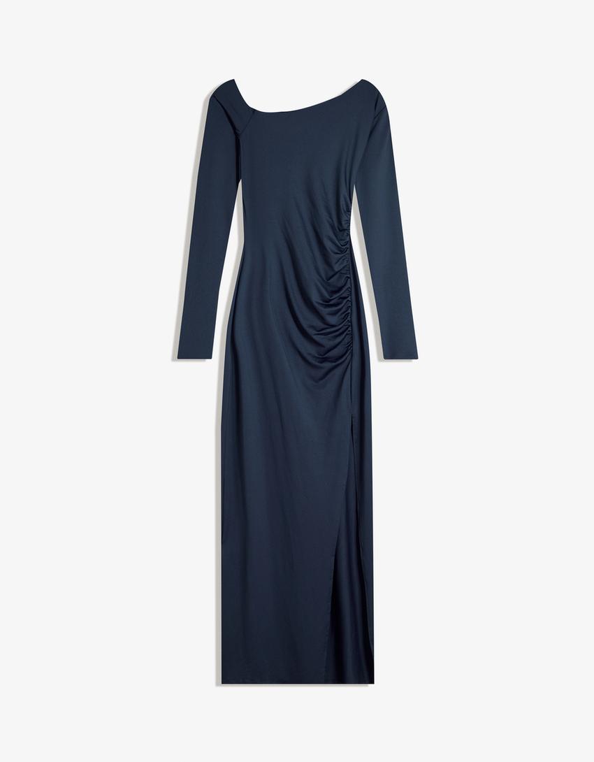 Asymmetrisches Midikleid mit langen Ärmeln-Marinenblau-3