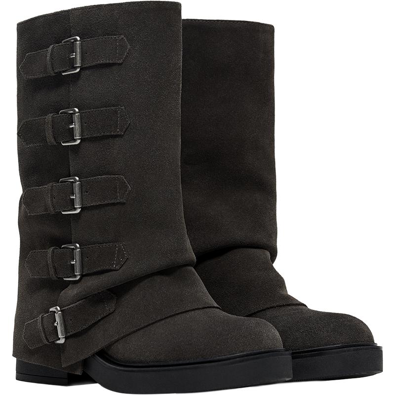 LEATHER TROUSER ANKLE BOOTS WITH BUCKLES — TAUPE