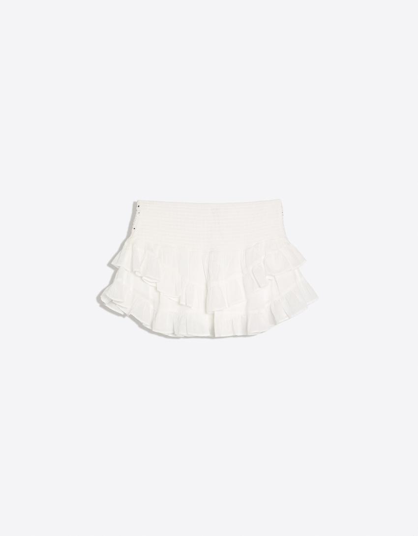 Falda mini volantes y cinturilla con brillos-Blanco