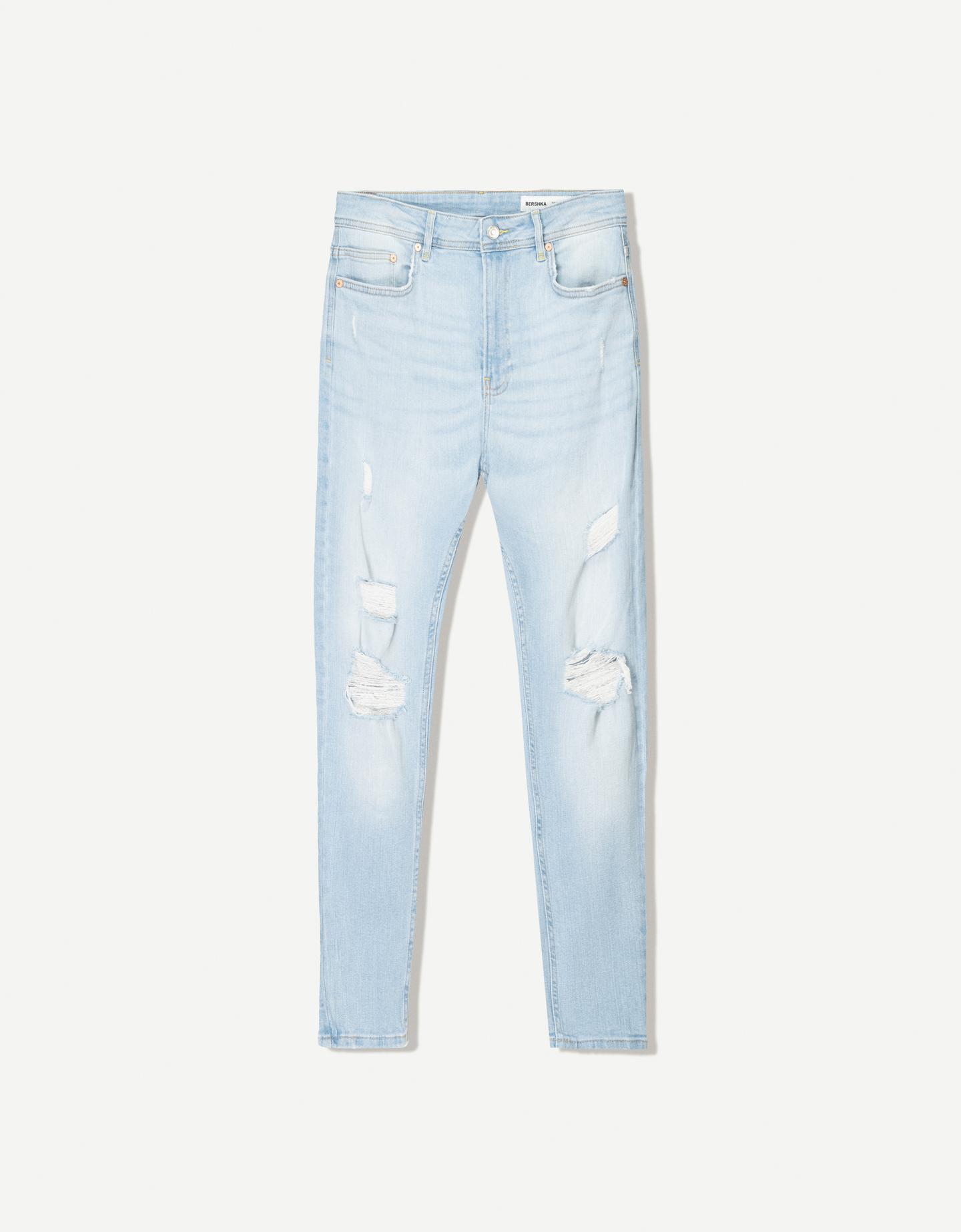 Bershka jeansy o kroju super skinny z efektem podarcia wyblakły niebieski