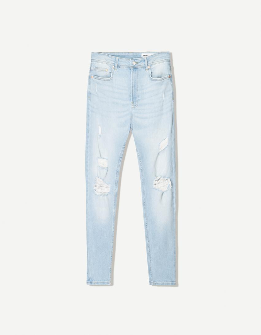 Blugi super skinny fit rupți-Albastru deschis