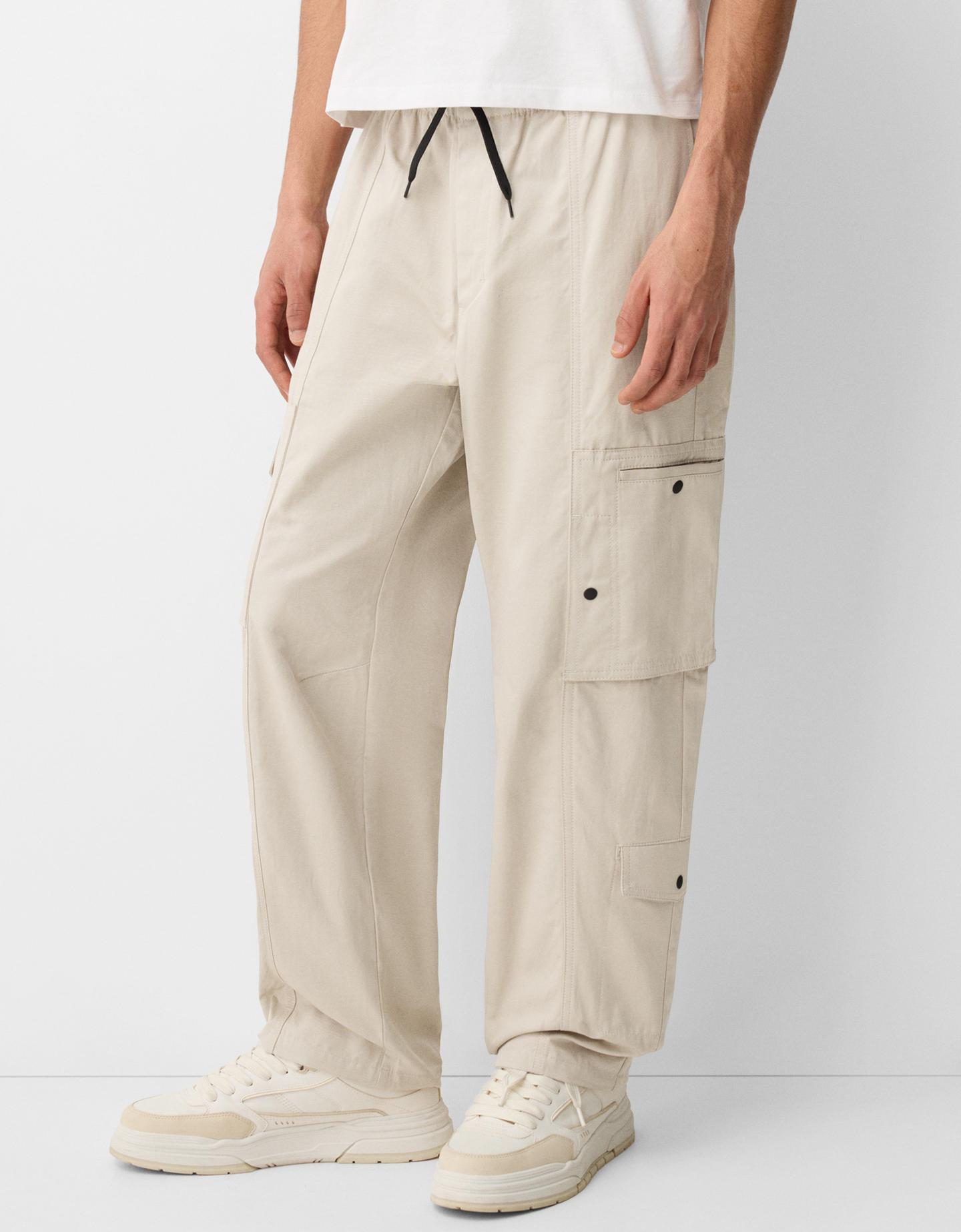 Bershka Pantaloni Wide Fit Multicargo Uomo M Sabbia