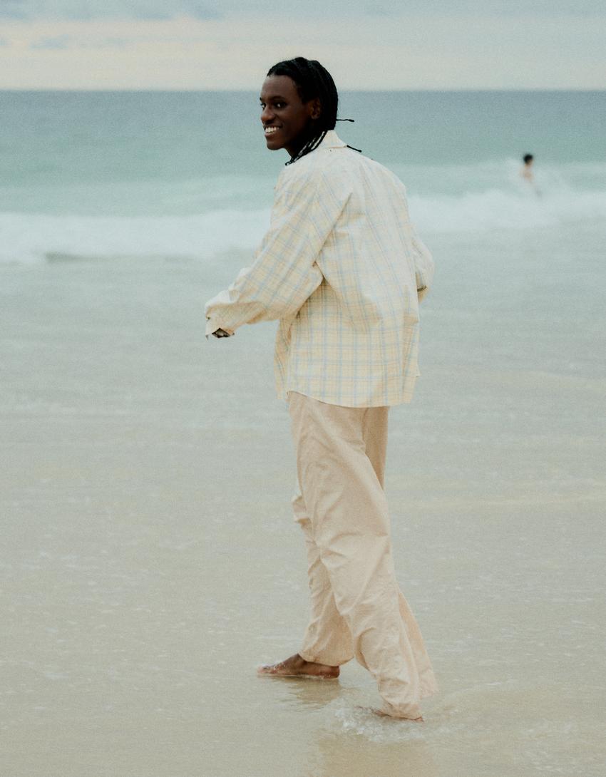 Oversize long sleeve check shirt-Cream