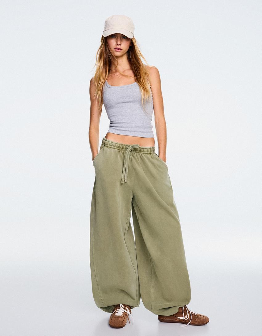 Barrel plush trousers with stoppers-Khaki