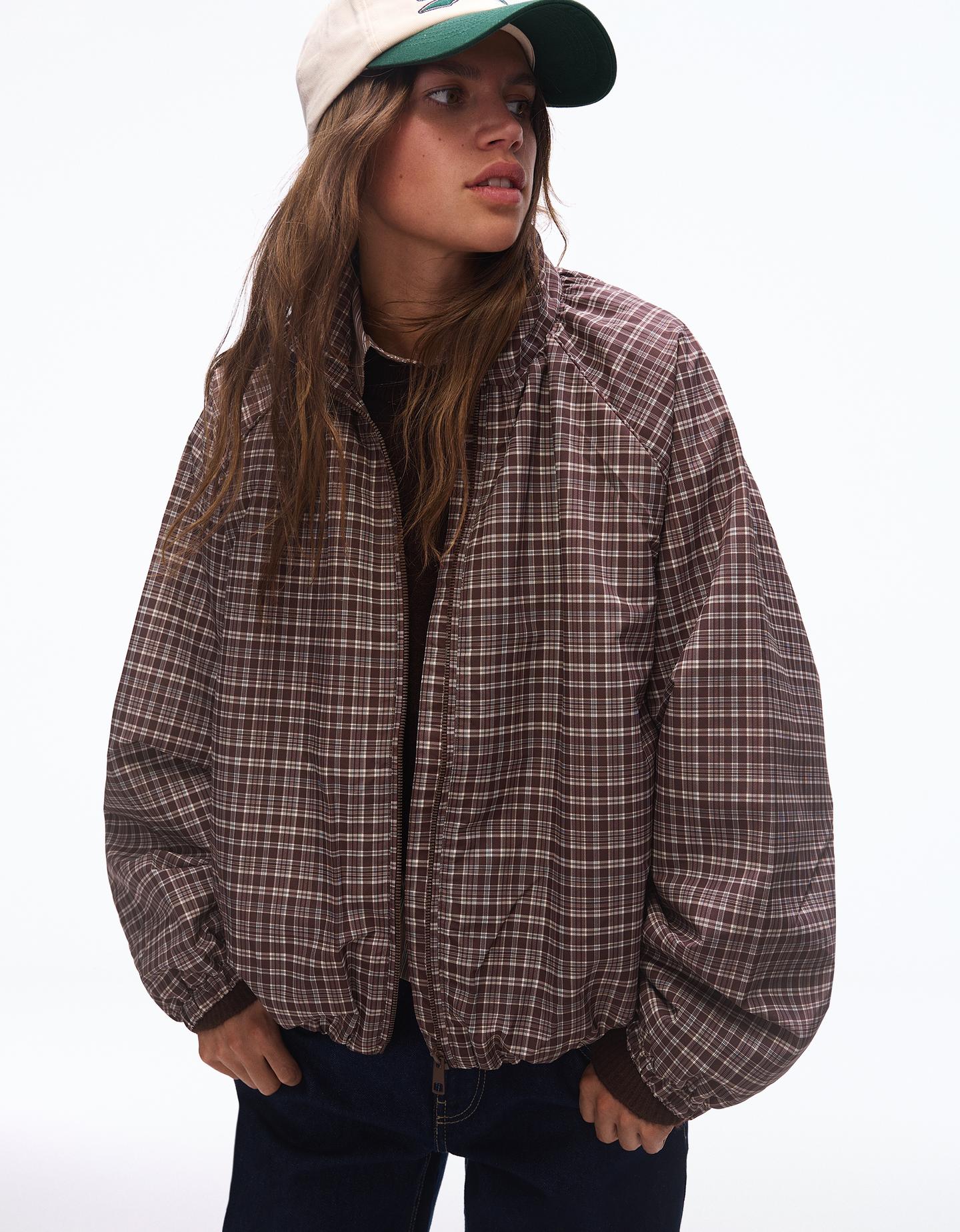 Bershka Giubbotto Oversize A Quadri Con Cerniera Donna Xs-S Marrone
