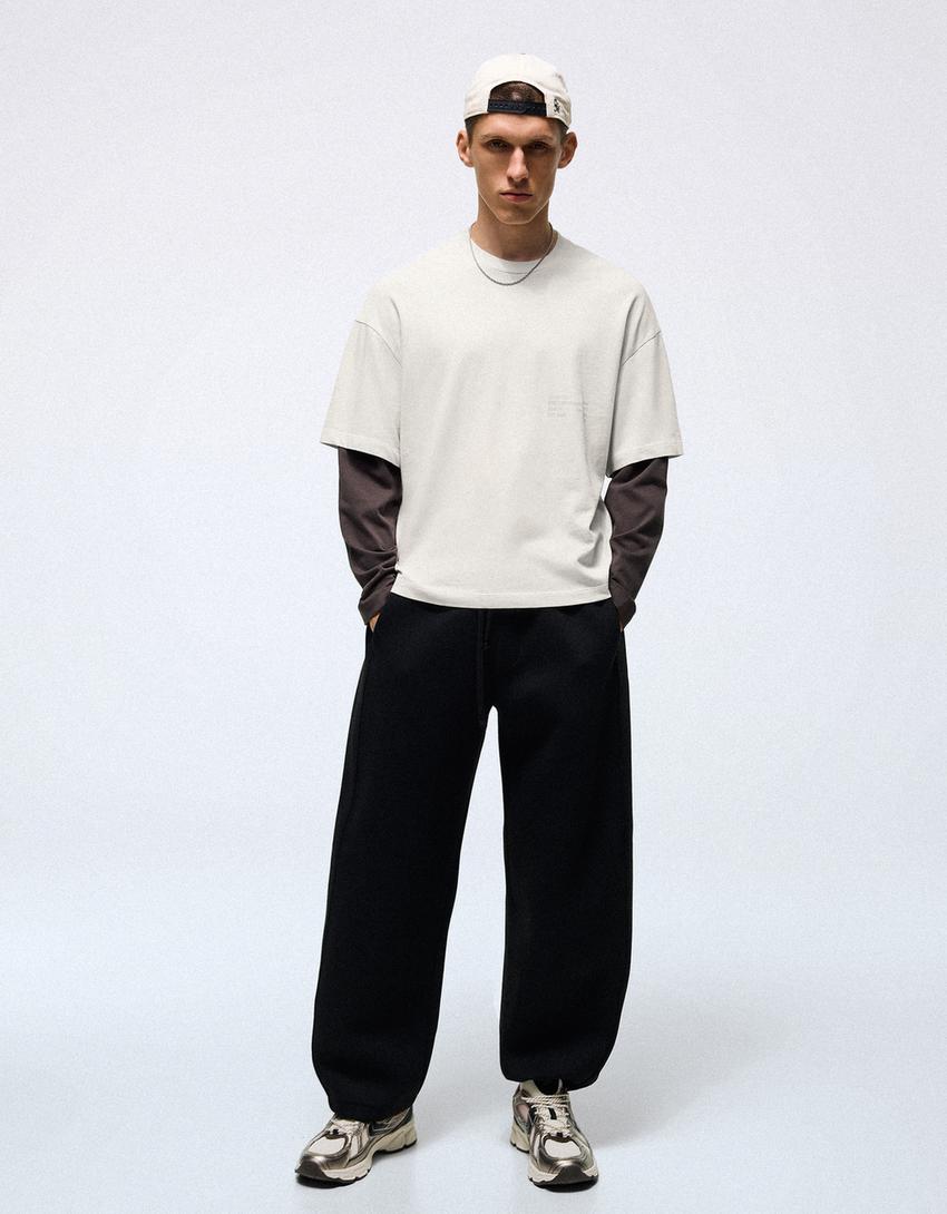 Contrast double-sleeve T-shirt-Grey