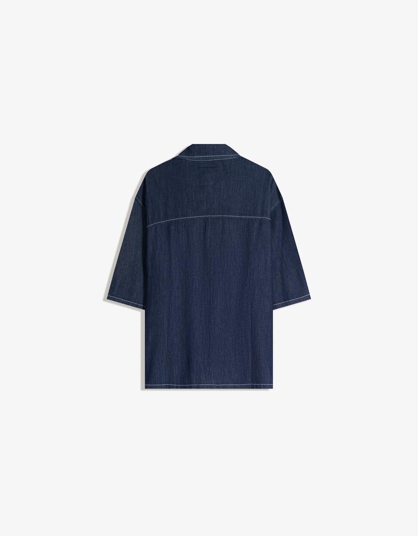 Camisa denim manga corta-Marino