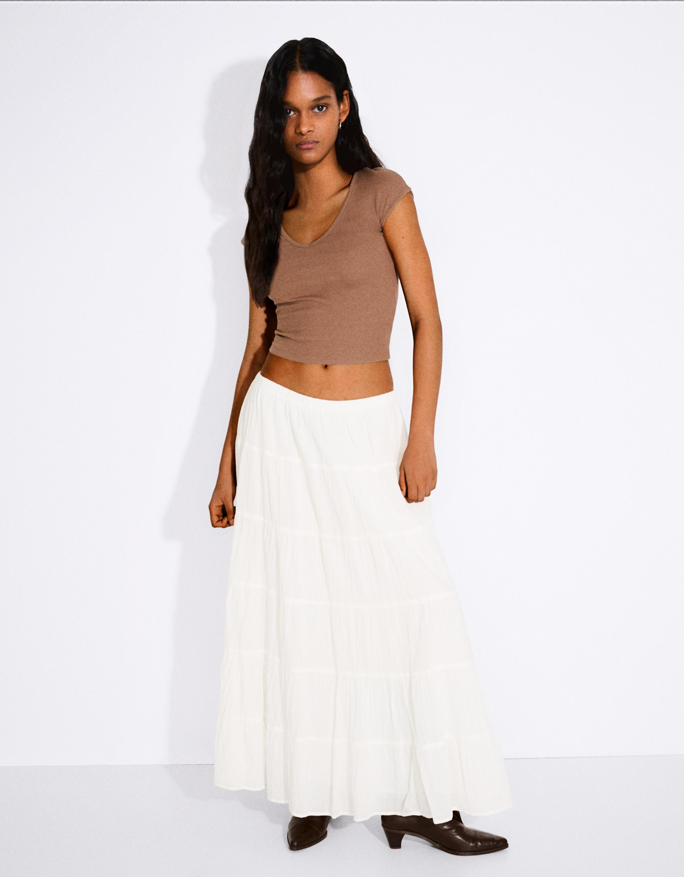 Bershka Maxi-Rock Aus Voile Mit Sohlen Damen Xs Grbrochenes Weiss