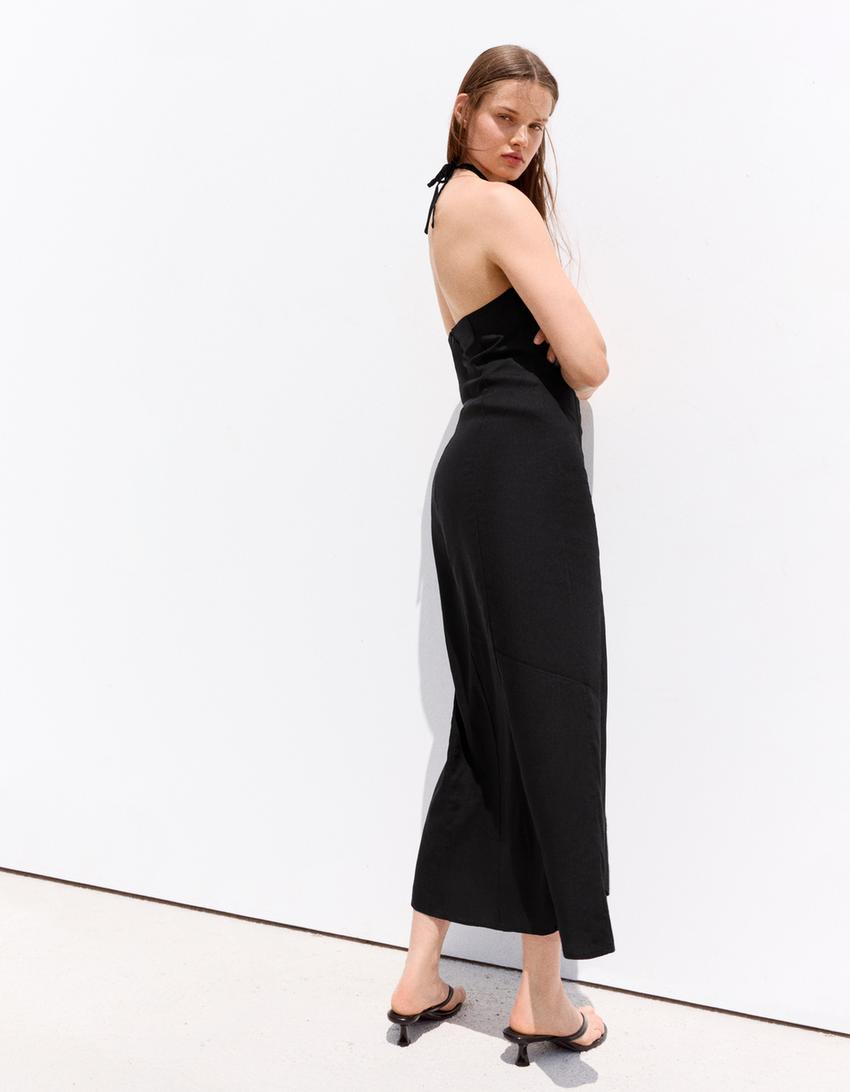 Ketenli halter midi elbise-Siyah